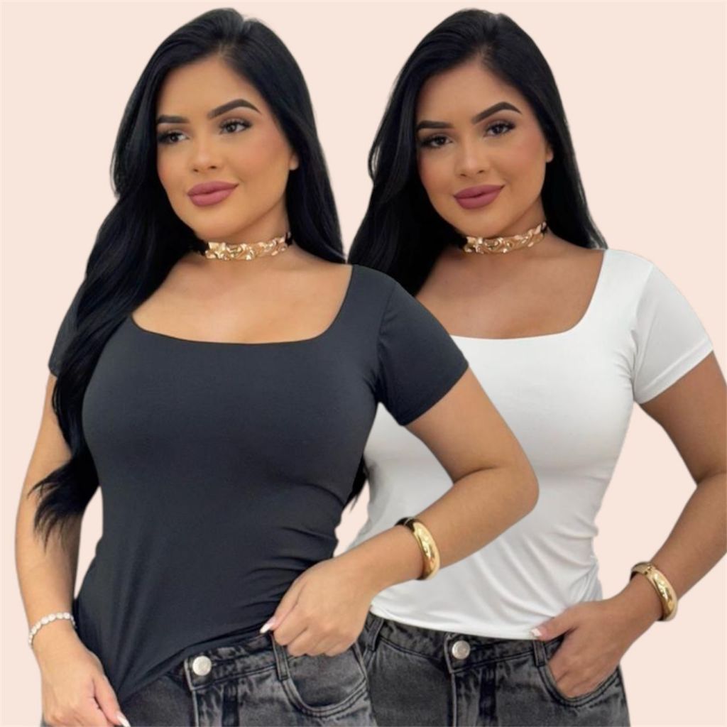 Blusa Feminina Suplex Premium Poliamida Elastano Manga Curta Básica Gola Quadrada Decote Blogueira em Oferta na Shopee