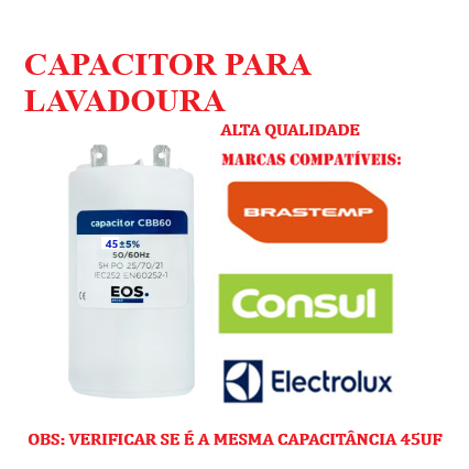 Capacitor Lavadora Brastemp Consul 45µF Bivolt