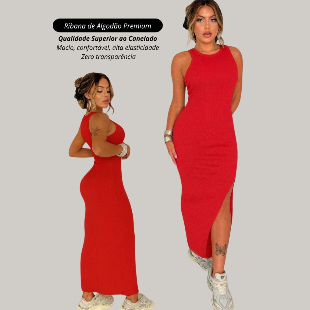 vestido longo feminino canelado ribana premium com fenda lateral colado justo casual tendencia verao em Oferta na Shopee