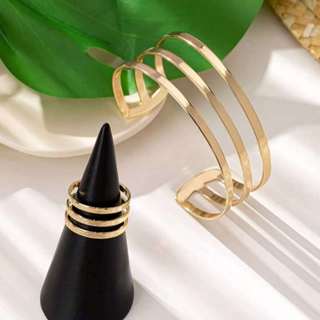 Pulseira e Anel Dourados, Design Aberto e Multicamadas na Cor Ouro - Conjunto Coordenado e Moderno em Oferta na Shopee