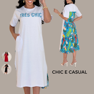 Vestido Feminino Moderno Longo 100% Algodão Casual Estampado Elegante em Oferta na Shopee