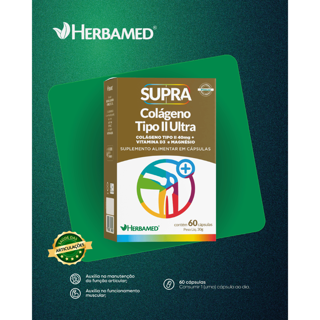 Supra Colágeno Tipo 2 Ultra Vitamina D Magnésio Articulações Ossos Energia 60 Cápsulas Herbamed