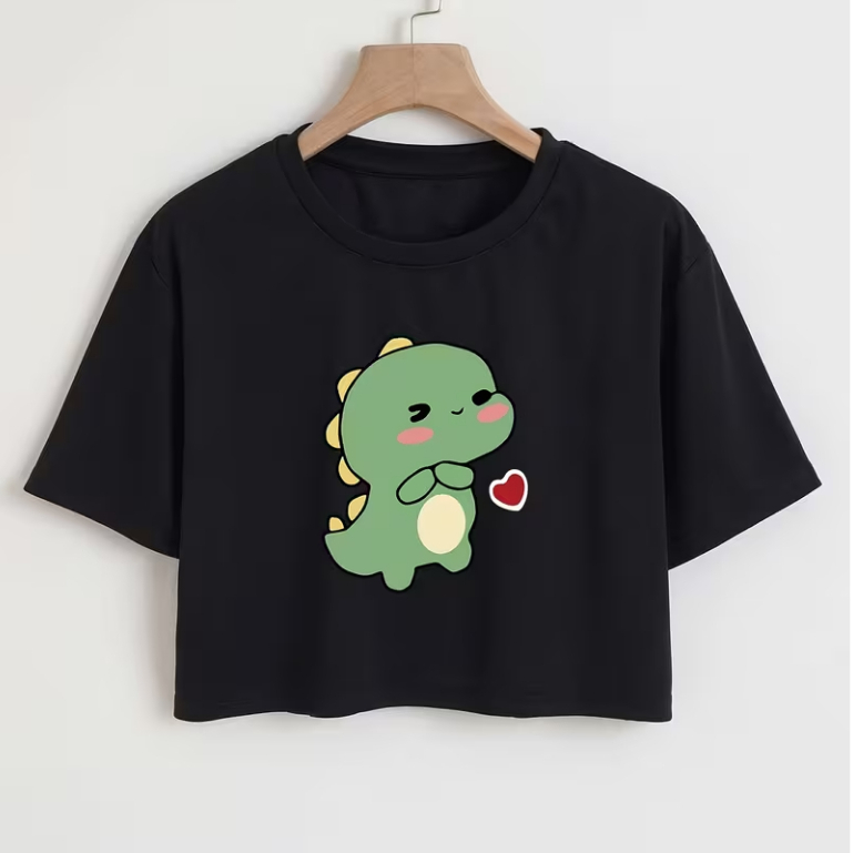 Blusa Cropped Tshisrt Feminina Básica e Oversized Algodão Unissex Estampada Dinossauro Aesthetic
