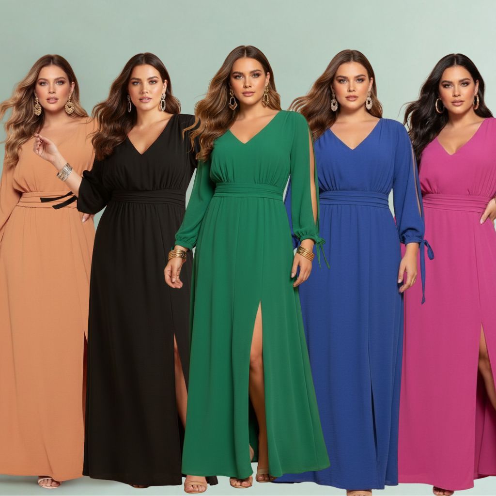 Vestido Longo Plus Size Social com Manga 3/4, Fenda e Cintura Marcada para Casamento, Igreja e Eventos Elegantes em Oferta na Shopee