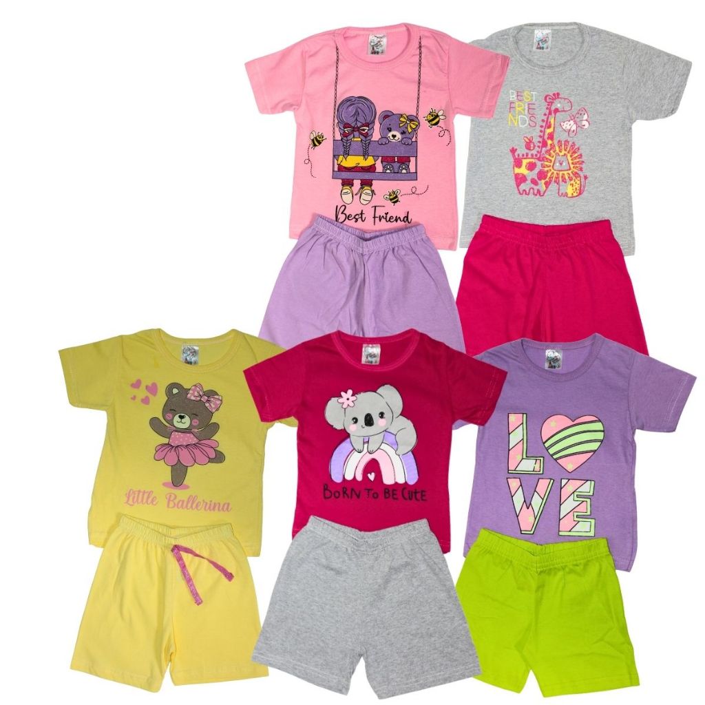 Kits  Pijama Infantil Menina Verão KIT 1 / KIT 2 / KIT 3 PEÇAS – Conjunto Blusinha + Short | Estampas Coloridas