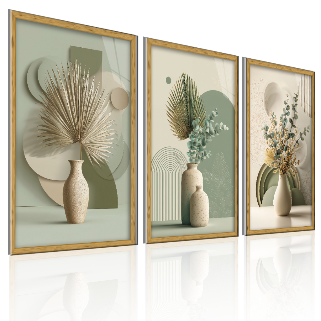 Quadros Decorativos 3 Peças Verde Sálvia Folhas Vasos Flores Sala Quarto Trio Clean em Oferta na Shopee