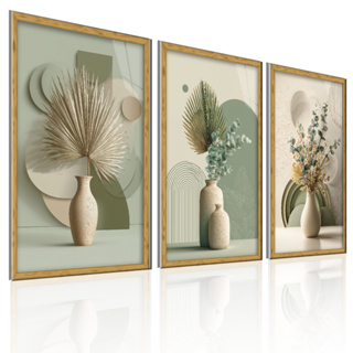 Quadros Decorativos 3 Peças Verde Sálvia Folhas Vasos Flores Sala Quarto Trio Clean em Oferta na Shopee