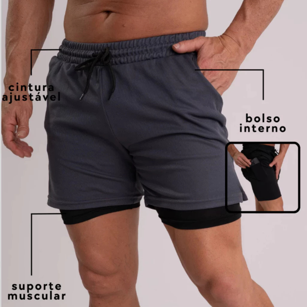 Shorts Masculino 2 em 1 Corrida Forrado Compressão Academia Treino