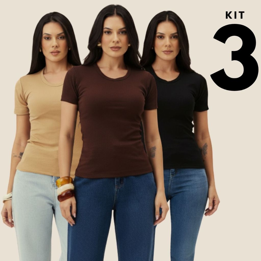 Kit 3 Blusa Canelada Feminina Slim Gola Redonda Manga Curta Básica Confortável Estilo Moda Feminina