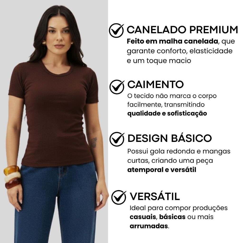 Blusa Canelada Feminina Manga Curta Casual Básica Slim Preta Estilosa Tendência Dia a Dia Moda 2025