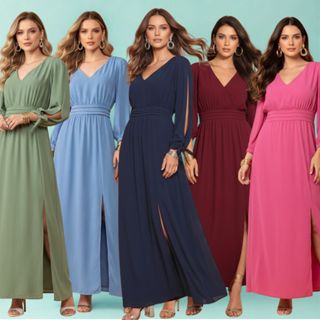 Vestido Longo Feminino Social com Manga 3/4, Fenda Lateral e Cintura Marcada para Casamento, Culto e Eventos em Oferta na Shopee