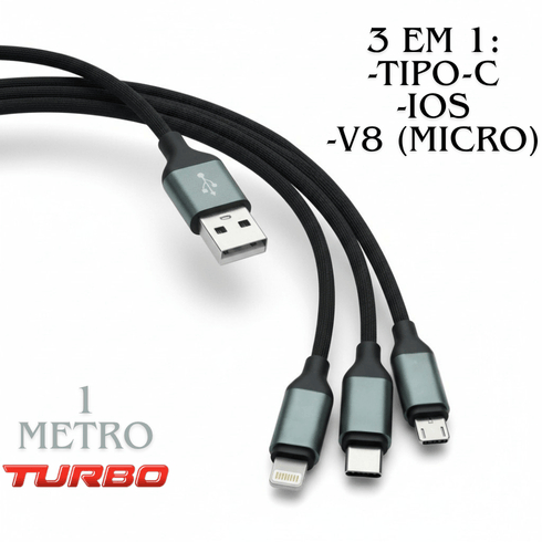 Cabo Carregamento USB 3 em 1 com 1 Metro Android - IOS - iPhone - Tipo C - Micro USB - Micro - V8