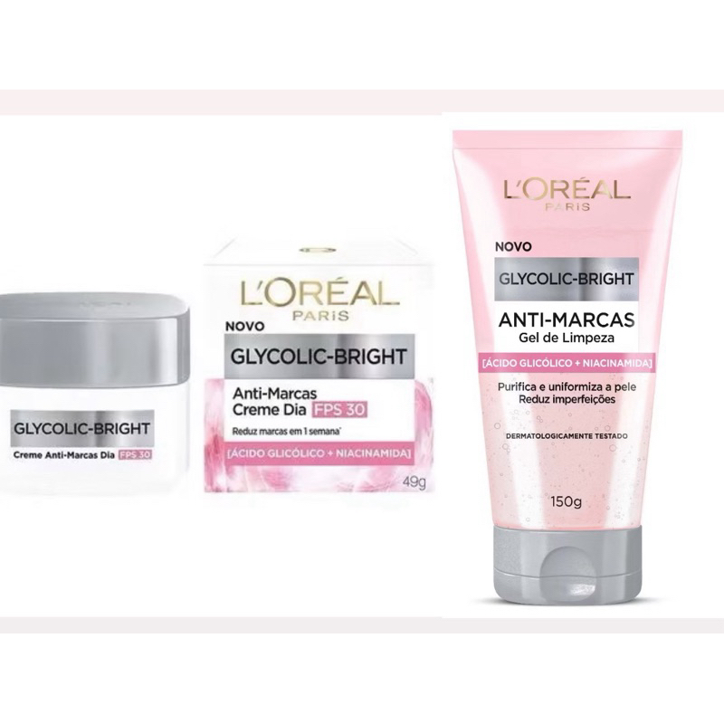Kit Loreal facial Glycolic Bright Antimarcas GEL de limpeza 150G + e creme FPS30 49G