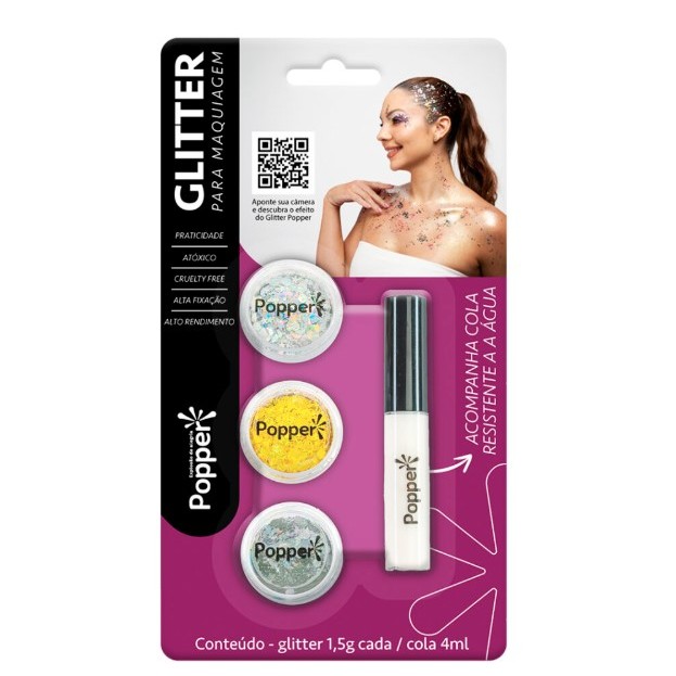 Glitter Para Maquiagem Com Cola Resiste a Agua Popper - Varias Cores em Oferta na Shopee