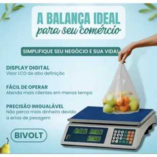 Balança Digital 40kg Bivolt 110/220V eletrônica recarregável para: comércio, Hortifruti, cozinha, açougue pesagem alimen em Oferta na Shopee