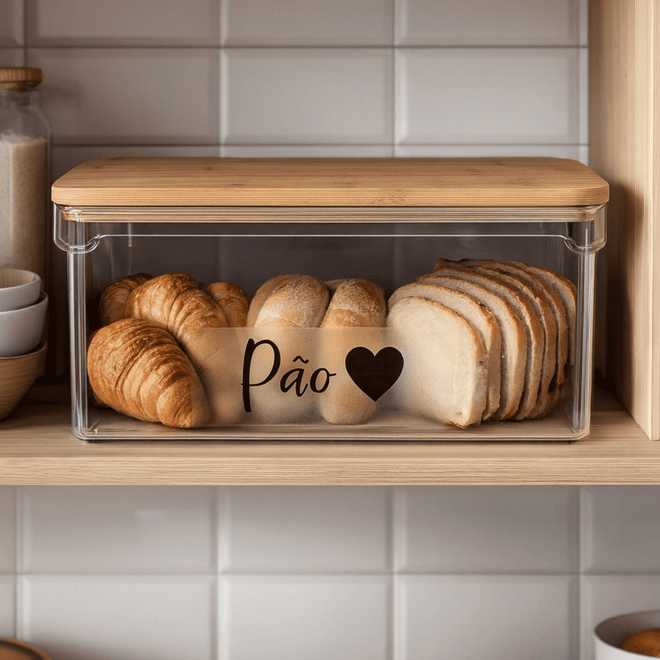 Porta Pão Hermético com Tampa de Bambu Acrílico Transparente em Oferta na Shopee