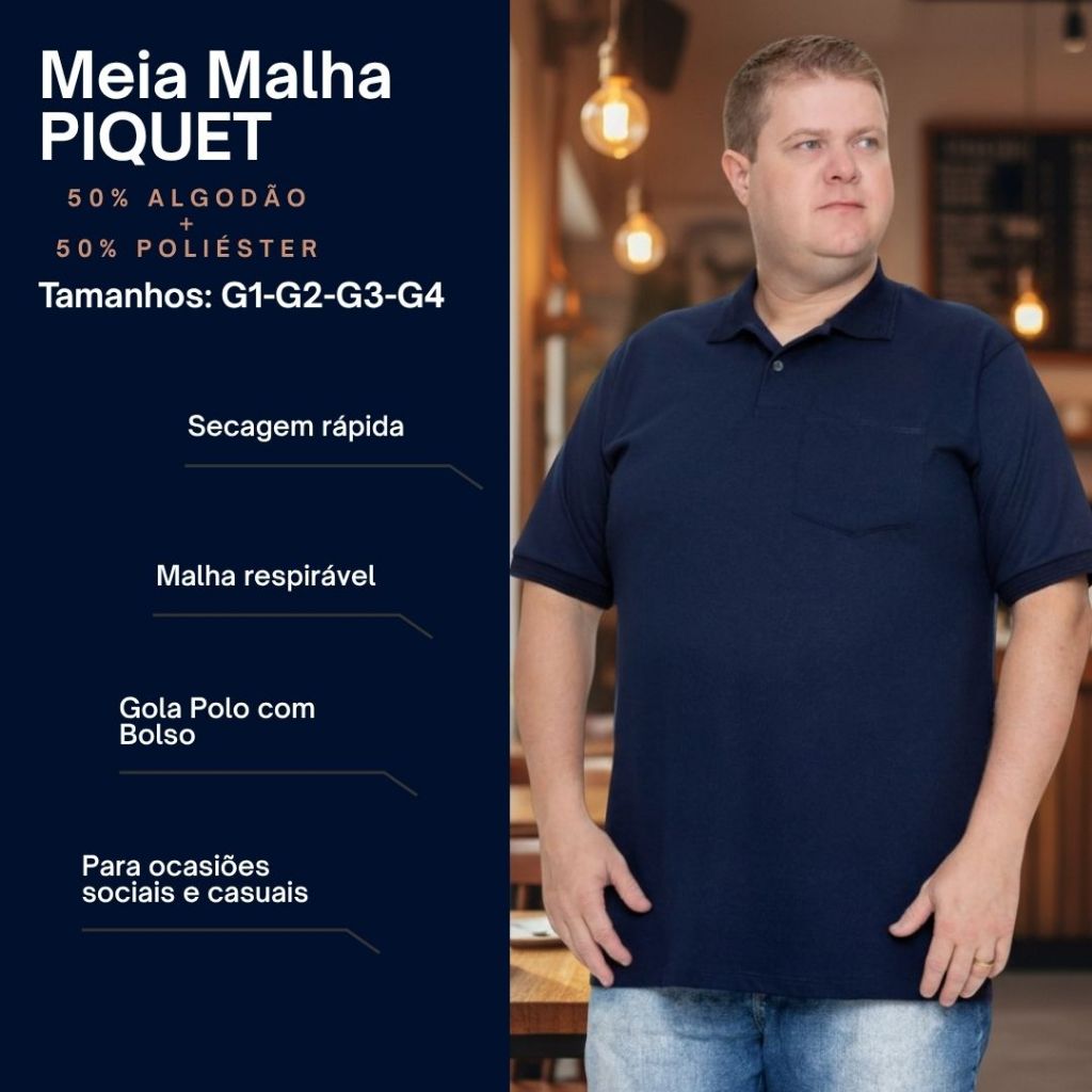 Camiseta Gola Polo Plus Size Masculina Malha Piquet com Bolso Social Básica Casual Trabalho
