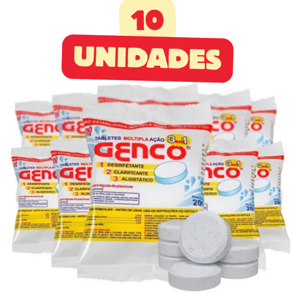 10 Tabletes De Cloro Genco 3 em 1 Multiplas Ações Com 200g Cada em Oferta na Shopee