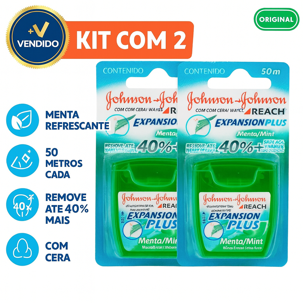 KIT COM 2 - Fio Dental Johnson & Johnson Reach Expansion Plus Menta - 50m Cada em Oferta na Shopee