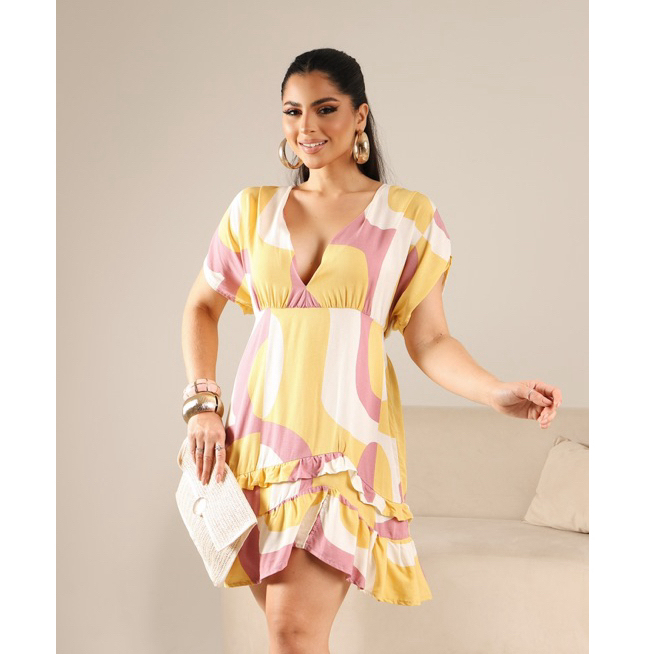 Vestido Curto Verão – Babados, Decote V e Costas Ajustável em Oferta na Shopee