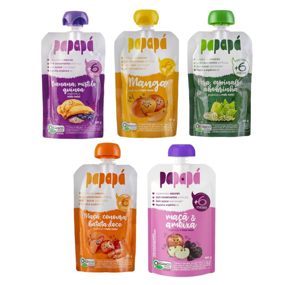 Papinha Orgânica Natural Papapá Squeeze 100g Combo 5 Sabores
