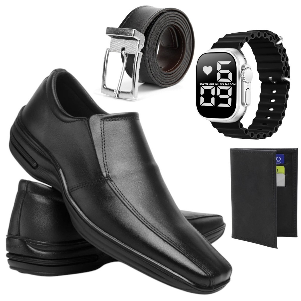 Kit Sapato Social Em Couro masculino Italiano leve macio + relógio + cinto e carteira