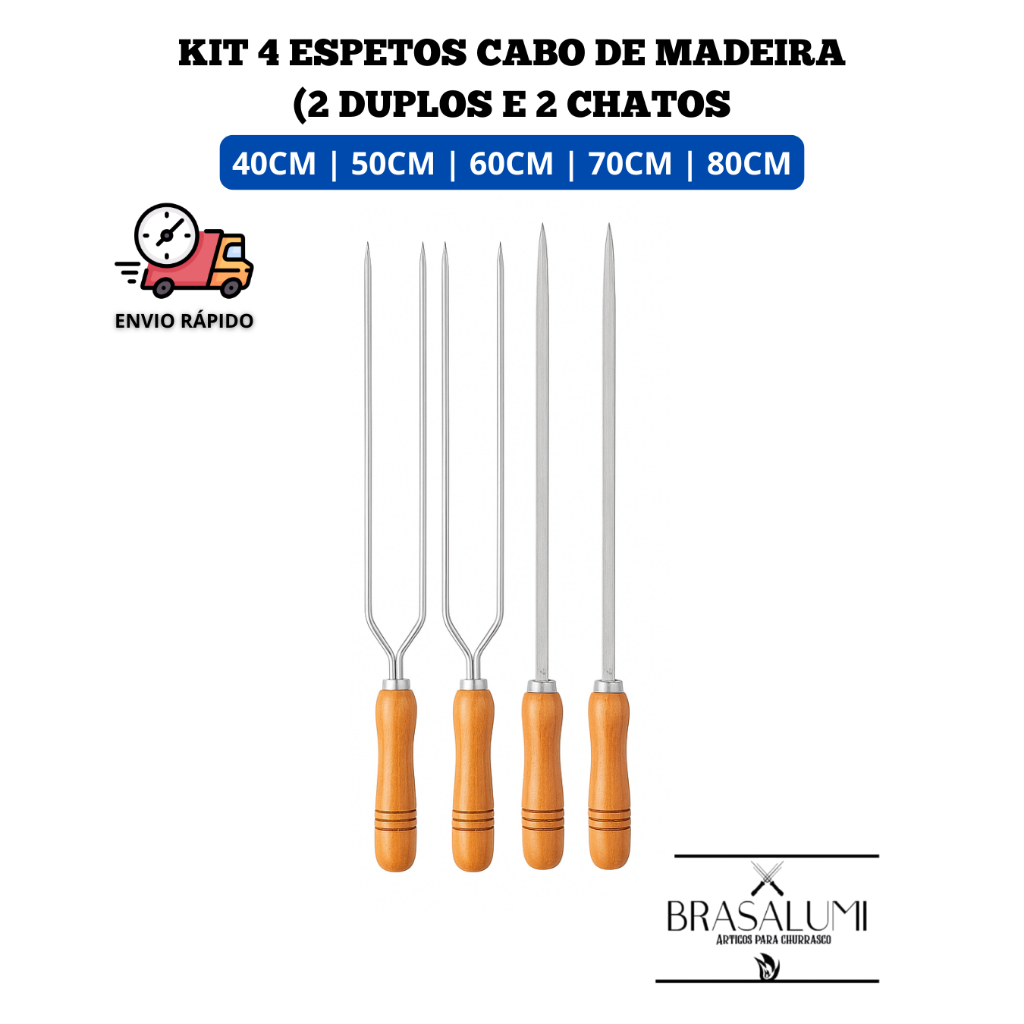 4 ESPETO PARA CHURRASCO CABO DE MADEIRA (2 DUPLOS 2 CHATOS) em Oferta na Shopee