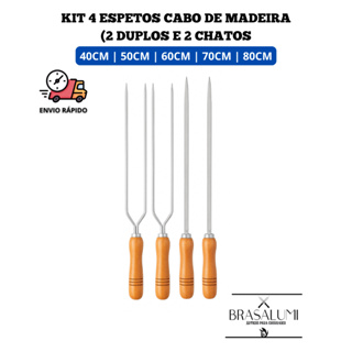 4 ESPETO PARA CHURRASCO CABO DE MADEIRA (2 DUPLOS 2 CHATOS) em Oferta na Shopee