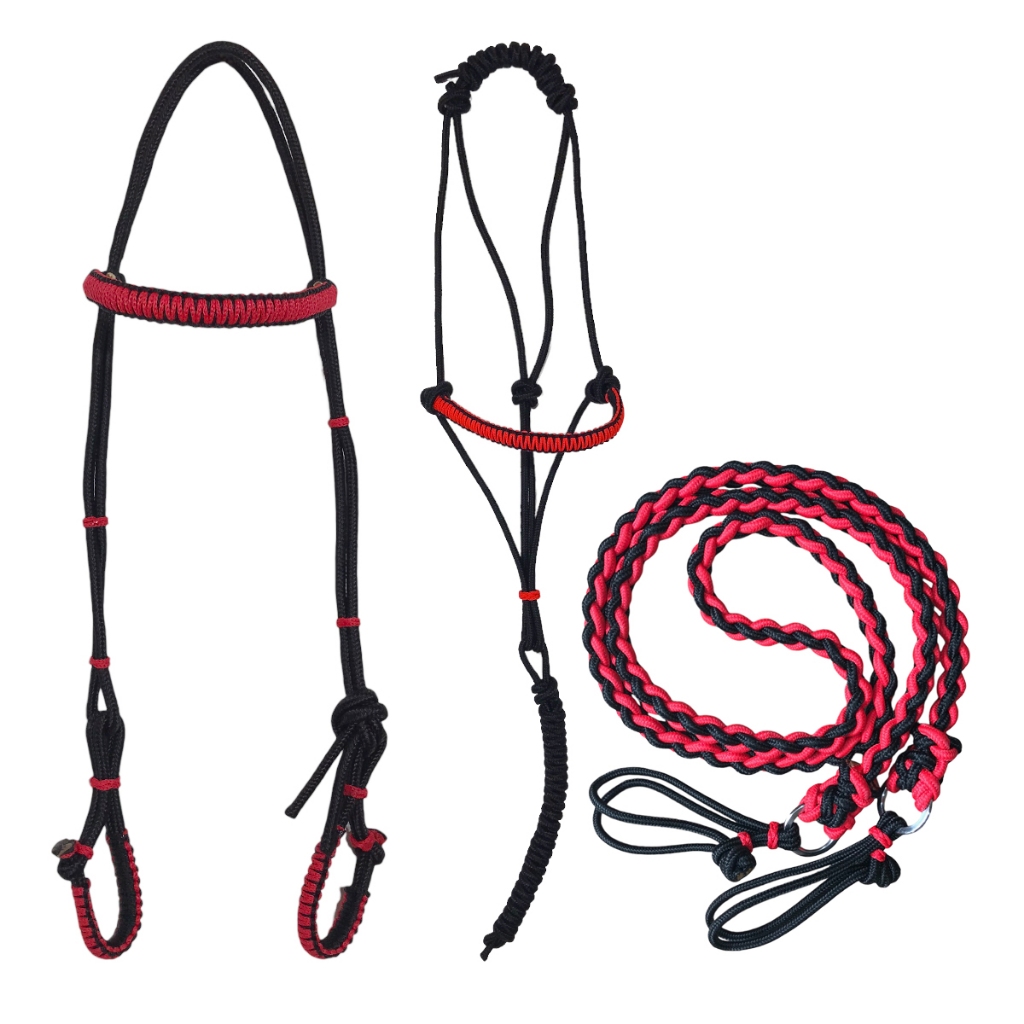 KIT CABEÇADA COM CABRESTO 7 NÓS TESTEIRA TRANÇADA E RÉDEA CORDA NYLON LUXO