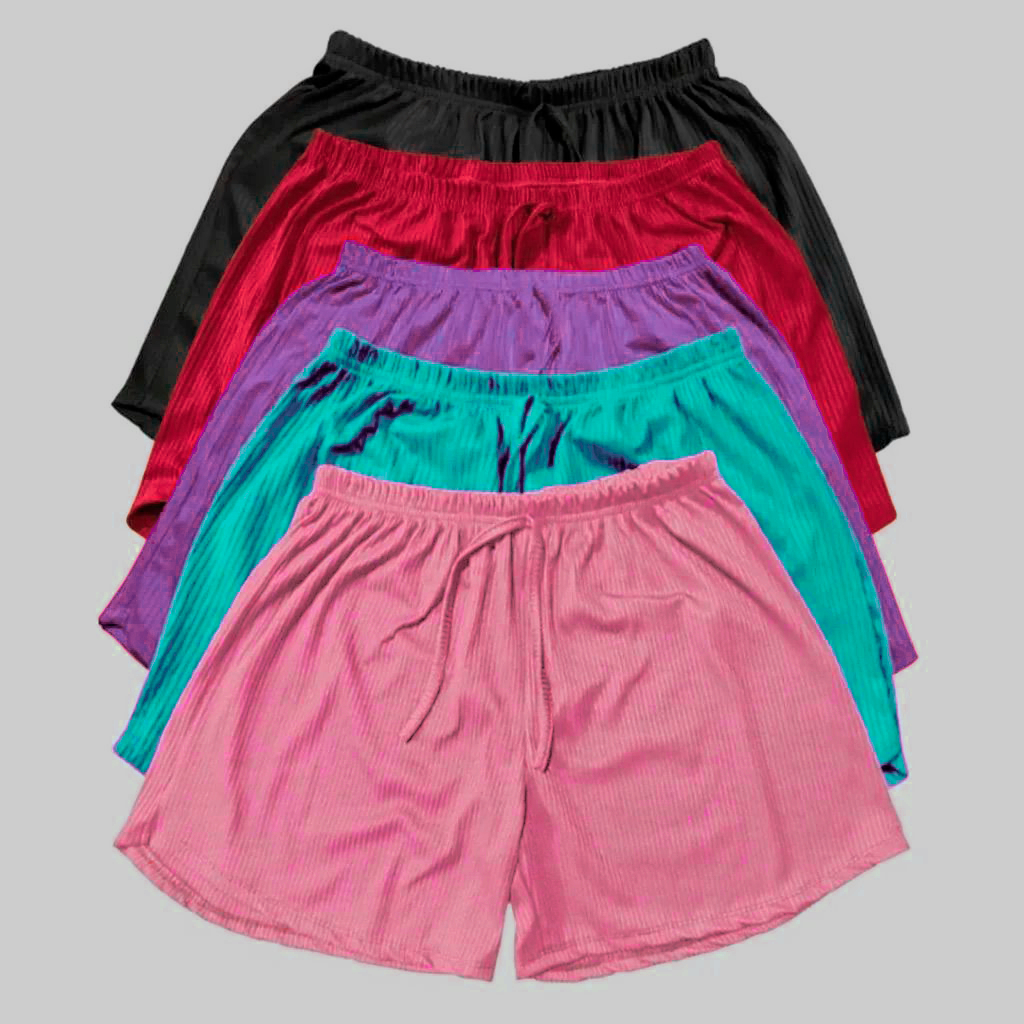 Kit 5 Shorts Feminino Plus Size Canelado Soltinho e Confortável G1 G2 G3