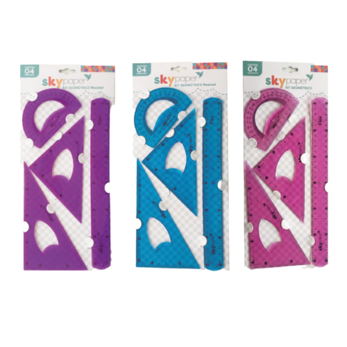 Kit Geométrico Escolar Réguas Transferidor Flexível Cores Sky Paper em Oferta na Shopee