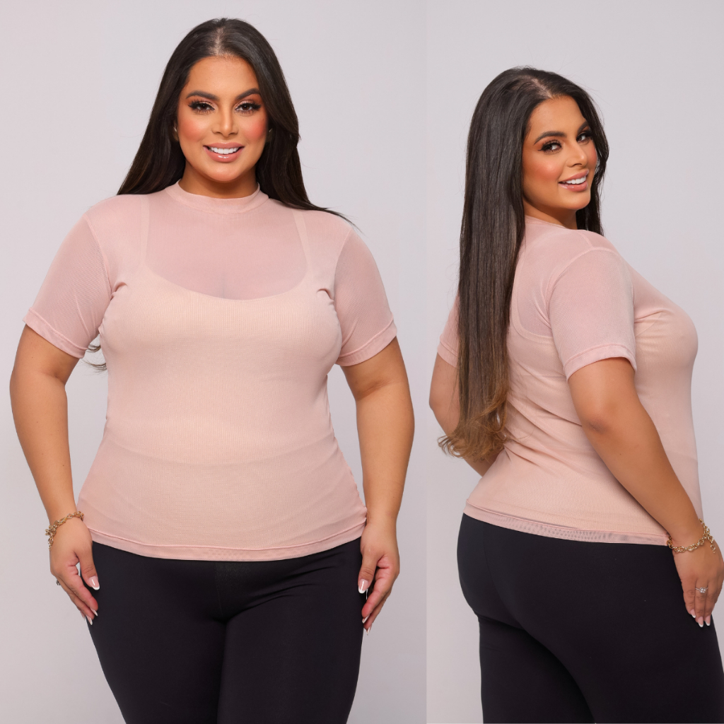 Blusa De Tule Transparente Malha Básica Com Elastano Manga Curta Lisa M e G