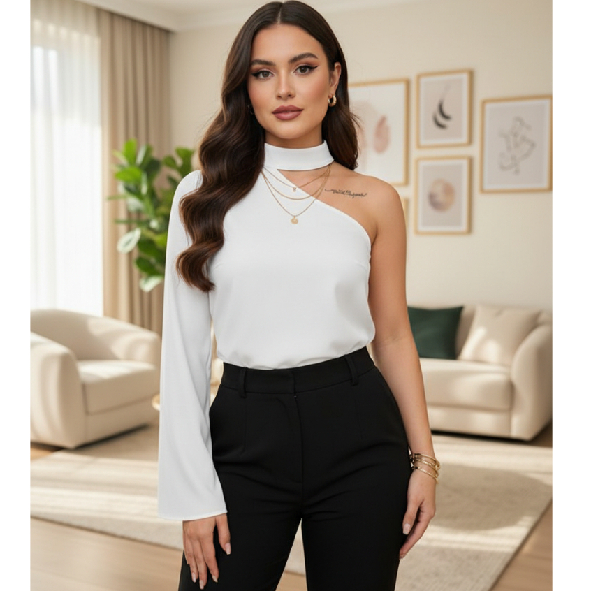 Blusa Seline Manga Longa em Marrant Linho Com um Ombro só, Gola alta Estilo Choker em Oferta na Shopee