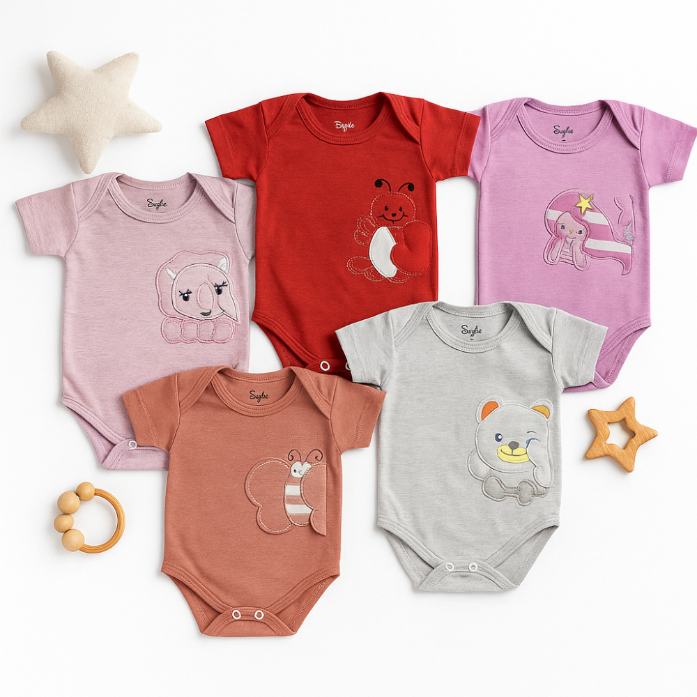 Kit 05 Peças Bodie Body Bebe Manga Curta Estampado Infantil