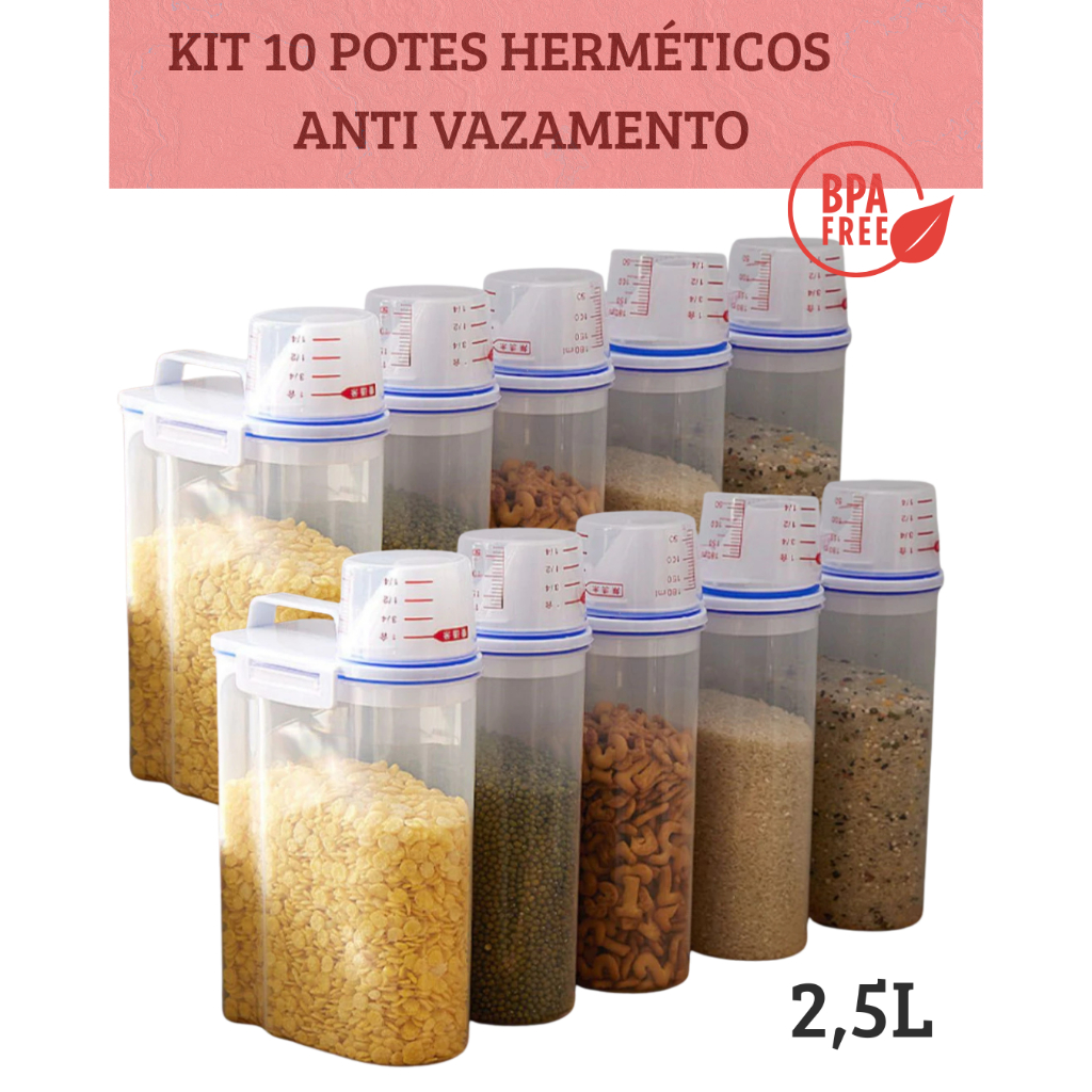 Kit 10 Potes Herméticos Anti Vazamento 2,5L Organizador de Cozinha e Lavanderia Bico Dosador