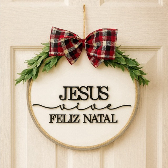 Enfeite Natal Porta ou Parede - Guirlanda Jesus Vive + Feliz Natal 25cm