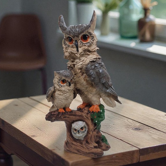 Estatueta Coruja Com Filhote Na Árvore Decoração Em Resina