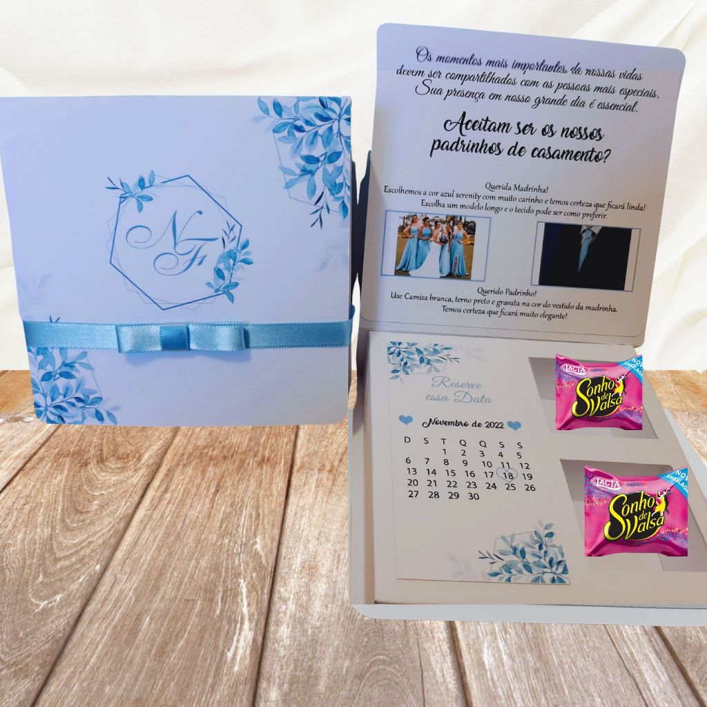 Caixa Convite Padrinhos De Casamento Azul Serenity