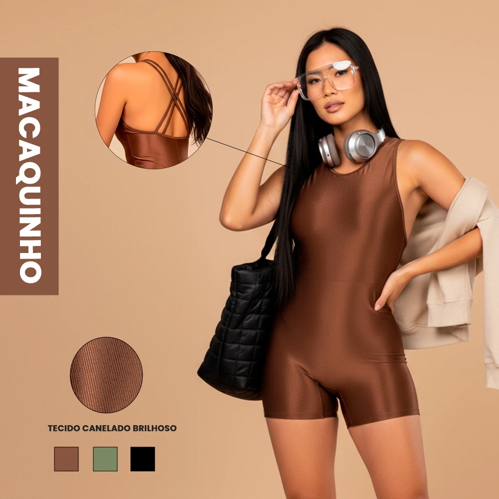 Macaquinho Fitness Feminino Trilobal Canelado Brilhoso Compressão– Modelador Academia Treino Corrida — imagem 1