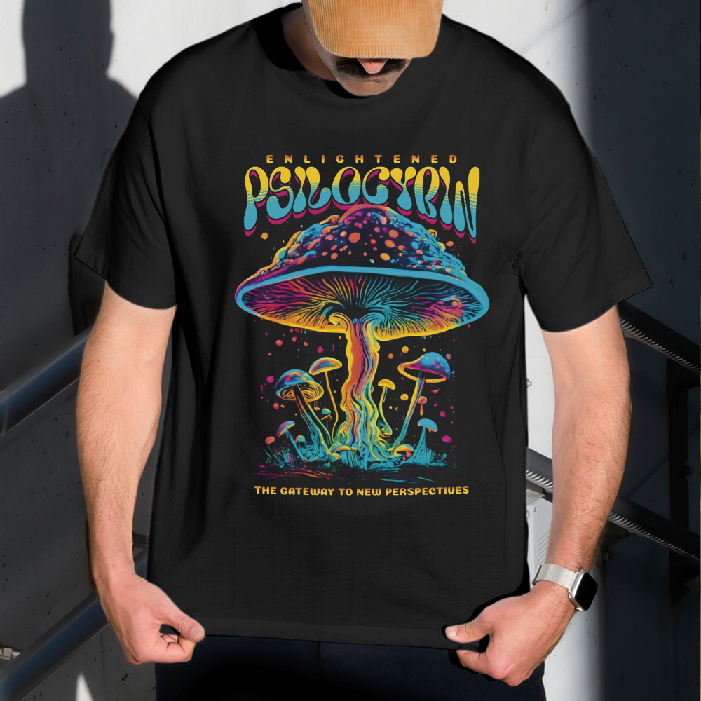 Camiseta Masculina Estampa Cogumelo Ilusório 100% Algodão Estilo Conforto Diário Do Tamanho P ao GG