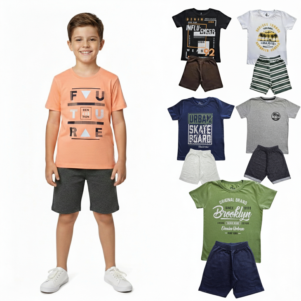Kit 5 Conjuntos 10 Peças Infantil Masculino Camiseta e Bermuda Algodão Moda Casual Dia a Dia Verão