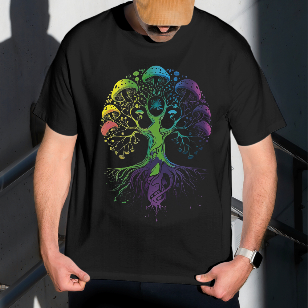 Camiseta Masculina Estampa Cogumelo Colorido 100% Algodão Estilo Conforto Diário Do Tamanho P ao GG
