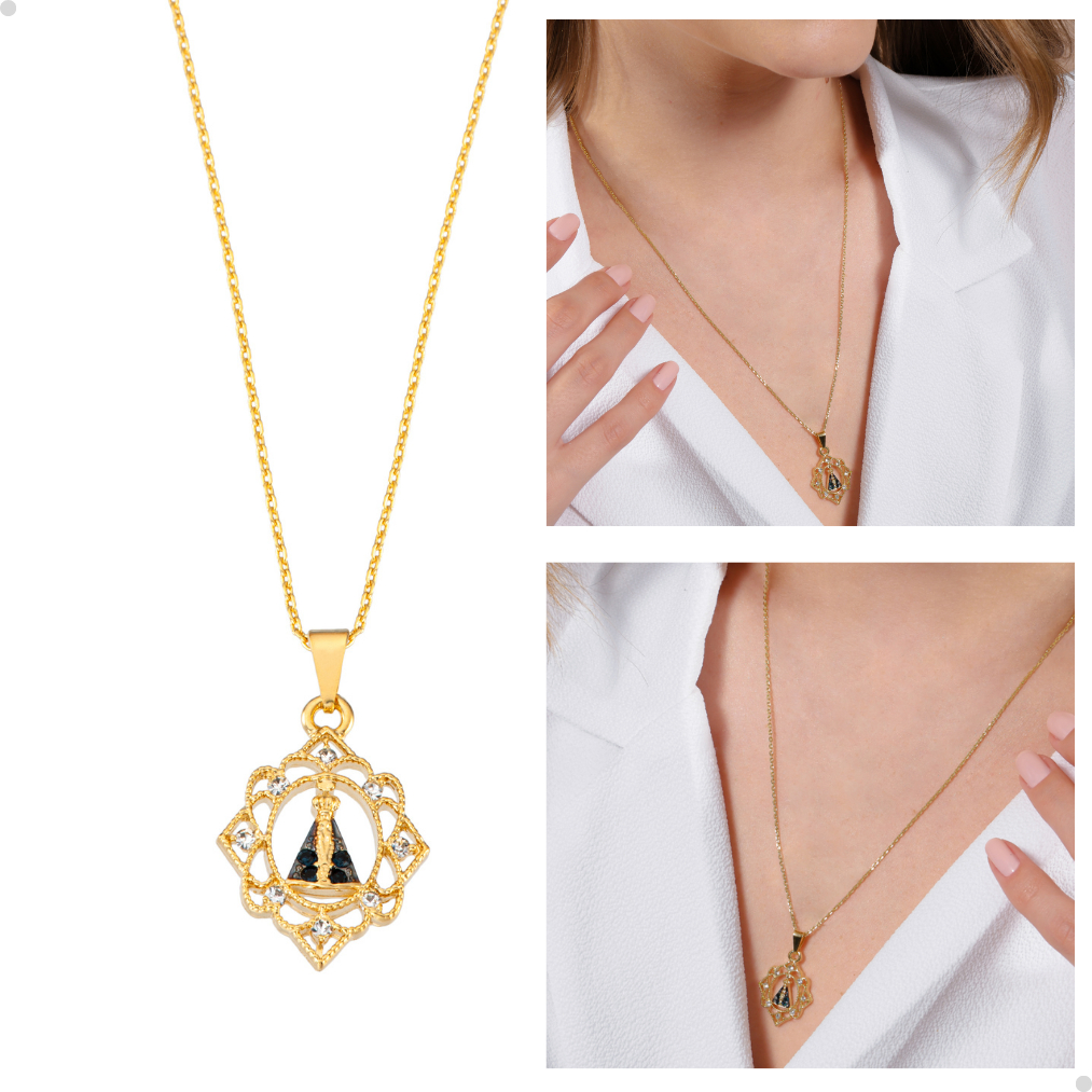 Colar Gargantilha Com Pingente E Imagem De Nossa Senhora Aparecida Banhado Ouro 18 K
