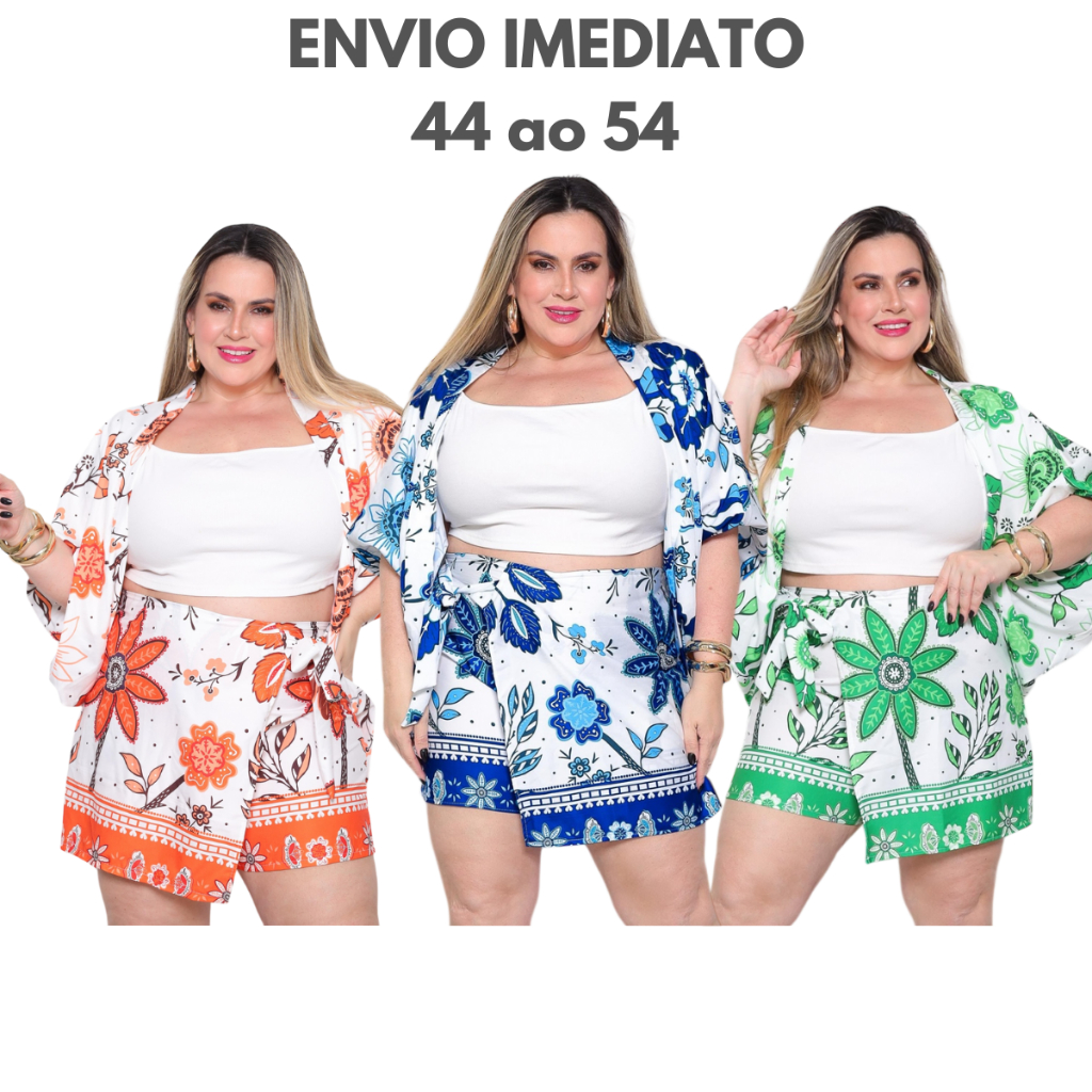 Conjunto Kimono Short Saia Plus Size e Kimono Duas Peças Moda Praia Quimono Estampado e Liso Azul Verde Laranja G1 G2 G3 em Oferta na Shopee
