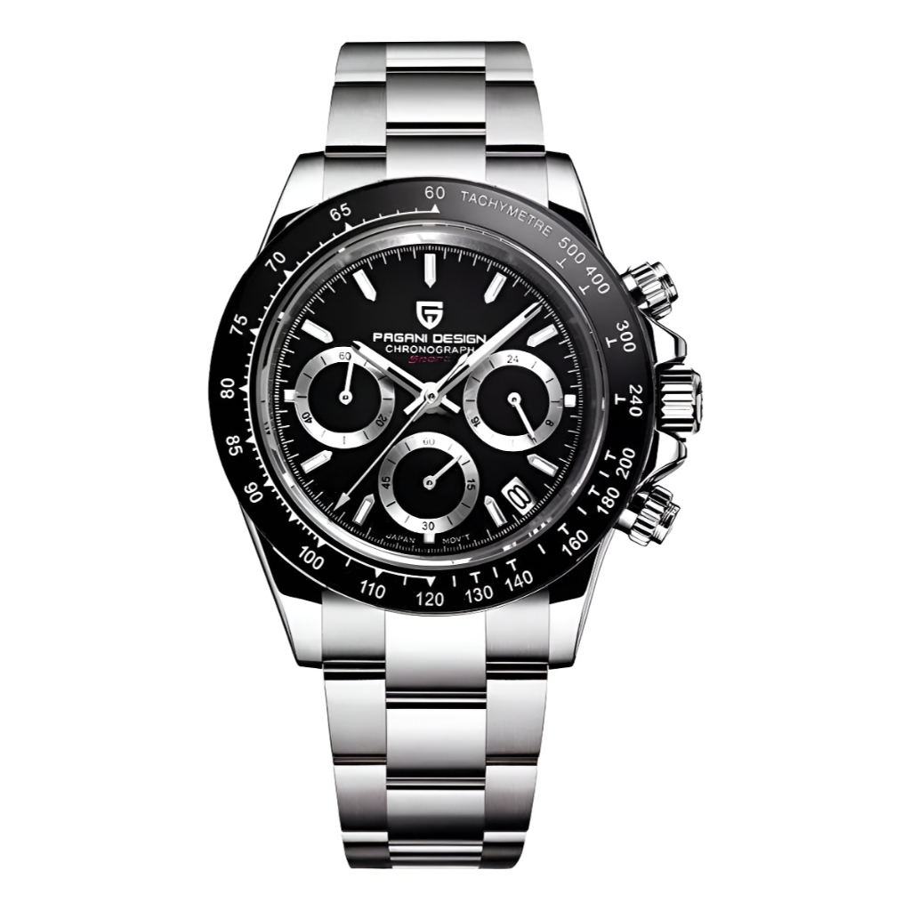 Relógio Pagani Design Pd-1644 Daytona Movimento Seiko Correia Prateado Bisel Preto Fundo Preto