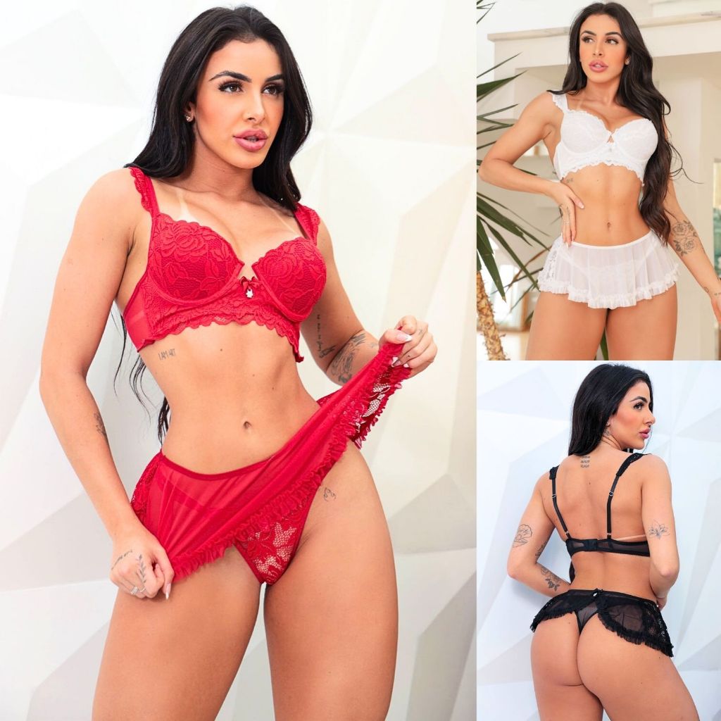 Conjunto Lingerie Sensual Renda Delicada Calcinha Fio Dental Sexy Sutiã Com Bojo Sainha Transparente em Oferta na Shopee