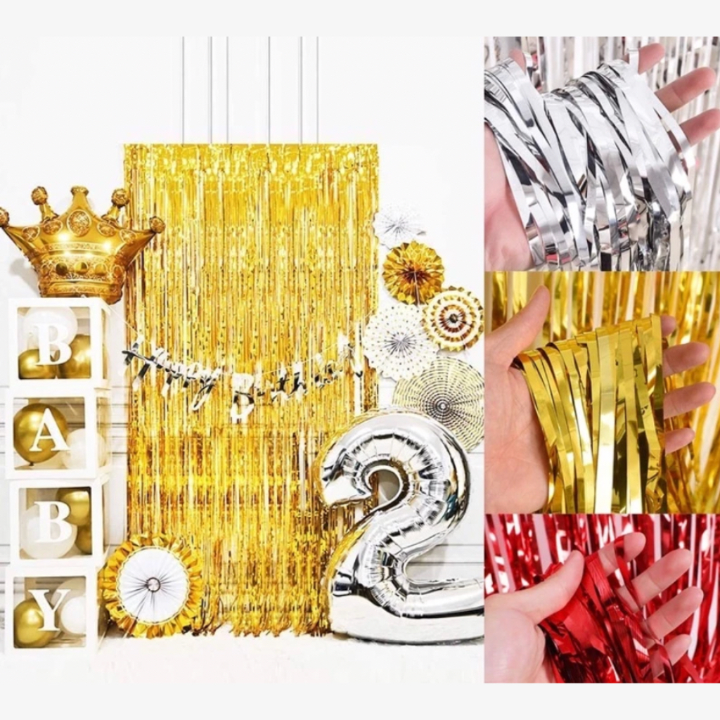 Cortina Dourada Metalizada FOIL FRINGE 2x1m Decoração Fundo para Festas Bronze Amarelo