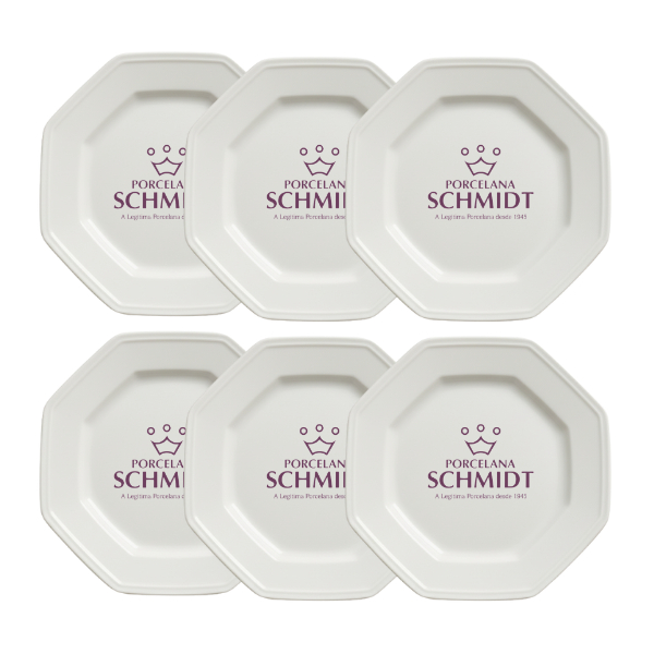 Jogo 6 Pratos Sobremesa 20cm Porcelana Schmidt Linha Prisma – Design Octogonal