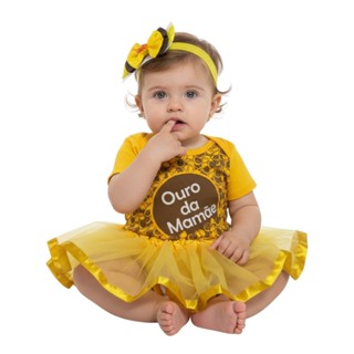 Body Bebê Menina OURO DA MAMAE  + Laço + Saia Tutu - Mesversário Temático em Oferta na Shopee