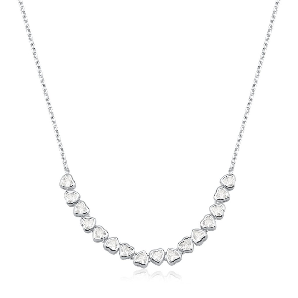 Colar Feminino de Prata 925 Corações Cravejados